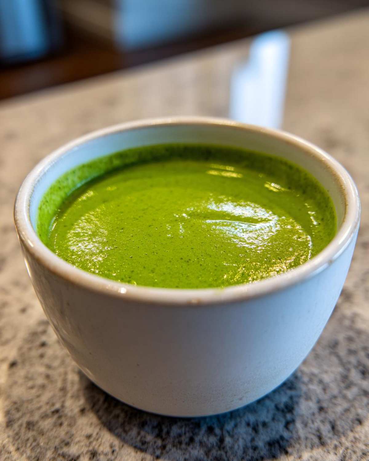 Close-up of vibrant green Instant Pot Creamy Asparagus Soup served in a small white bowl.