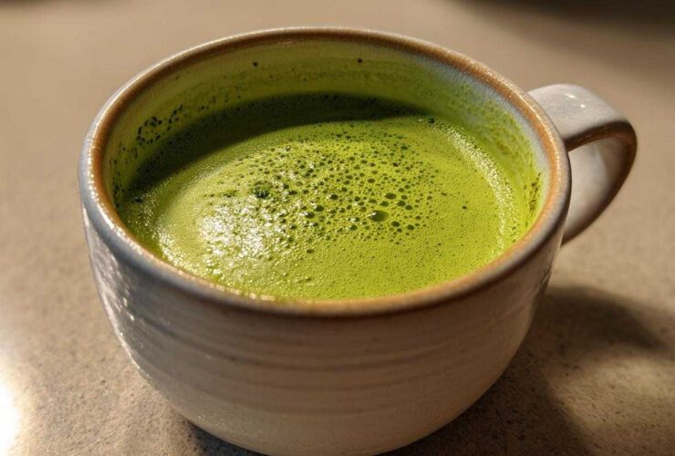 Close-up of a vibrant green, creamy soup, resembling Instant Pot Creamy Asparagus Soup, in a rustic white mug.