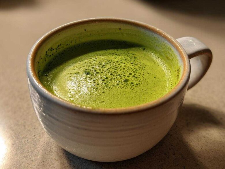 Close-up of a vibrant green, creamy soup, resembling Instant Pot Creamy Asparagus Soup, in a rustic white mug.