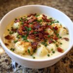 Close-up of Instant Pot Creamy Potato Soup with Bacon, topped with crispy bacon bits and chives.
