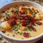 Close-up of a white bowl filled with Instant Pot Creamy Potato Soup with Bacon, topped with cheese, chives, and crispy bacon bits.
