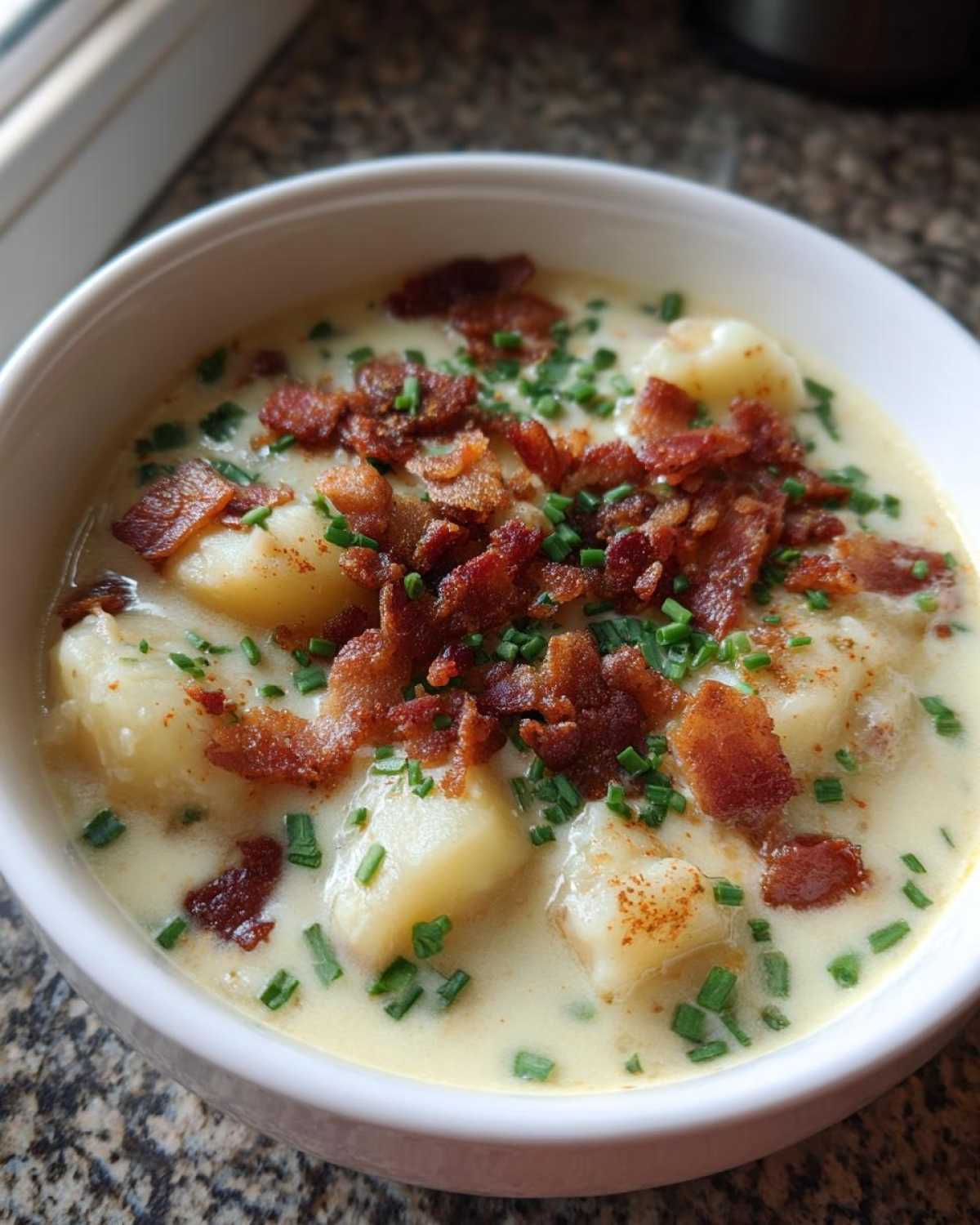 Close-up of a white bowl filled with Instant Pot Creamy Potato Soup with Bacon, topped with crispy bacon bits and fresh chives.