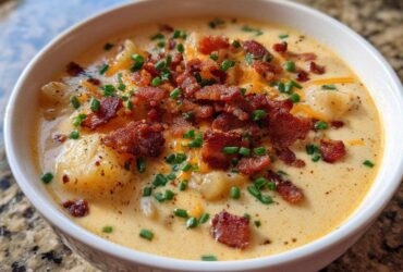 Close-up of a white bowl filled with Instant Pot Creamy Potato Soup with Bacon, topped with cheese, chives, and crispy bacon bits.