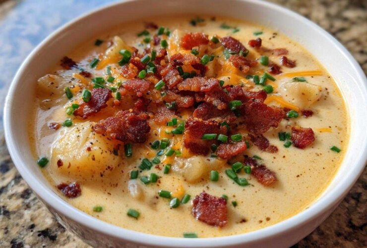 Close-up of a white bowl filled with Instant Pot Creamy Potato Soup with Bacon, topped with cheese, chives, and crispy bacon bits.