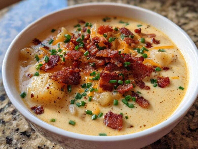 Close-up of a white bowl filled with Instant Pot Creamy Potato Soup with Bacon, topped with cheese, chives, and crispy bacon bits.