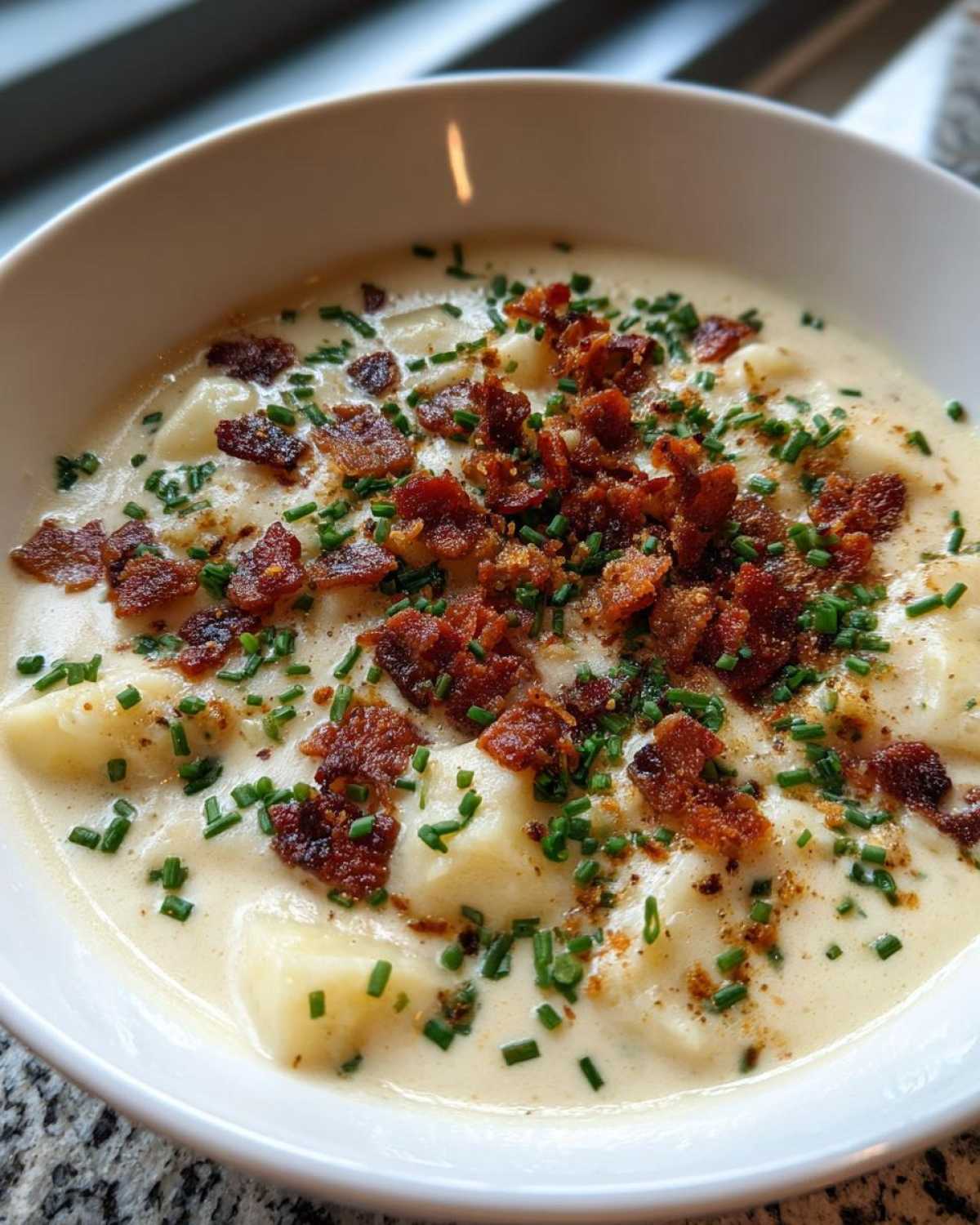 A close-up view of a bowl of Instant Pot Creamy Potato Soup with Bacon, topped generously with crispy bacon bits and fresh chives.