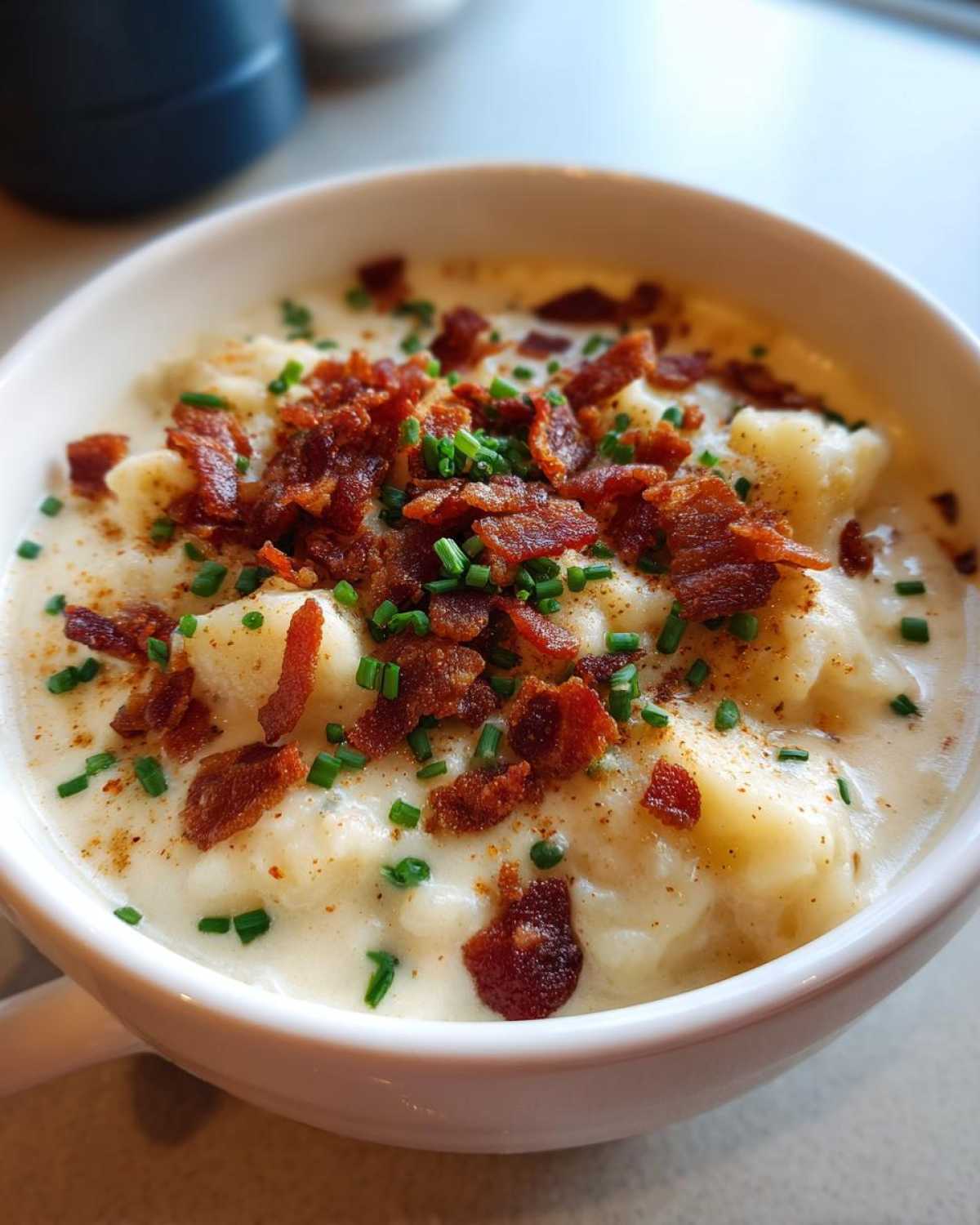 Close-up of a white bowl filled with Instant Pot Creamy Potato Soup with Bacon and chives.