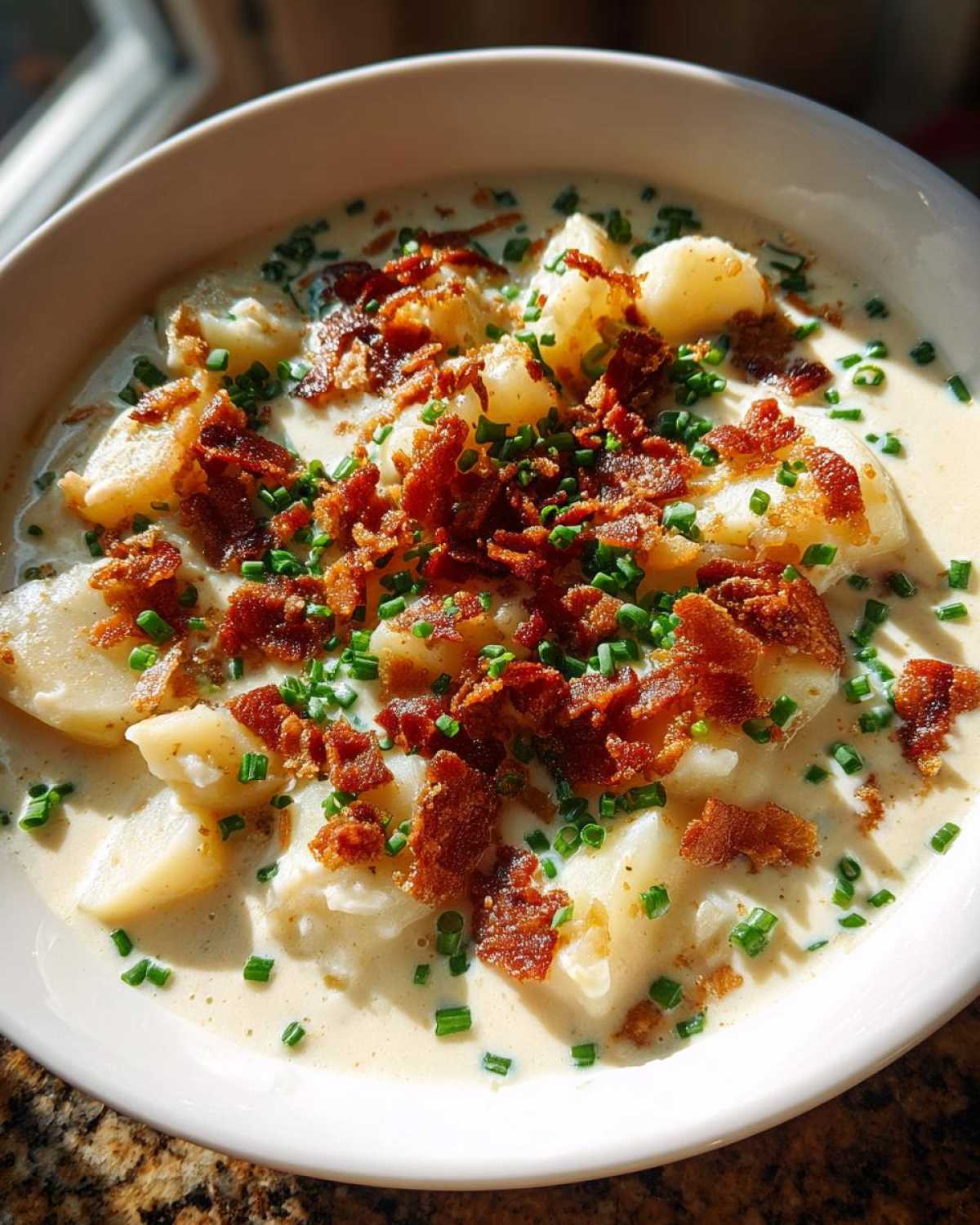 Close-up of a white bowl filled with Instant Pot Creamy Potato Soup with Bacon, topped generously with crispy bacon bits and fresh chives.