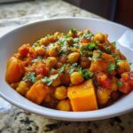 Close-up of a white bowl filled with vibrant Instant Pot Moroccan Chickpea Stew with sweet potatoes and fresh parsley.
