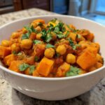 A white bowl filled with vibrant Instant Pot Moroccan Chickpea Stew with sweet potatoes and fresh cilantro.