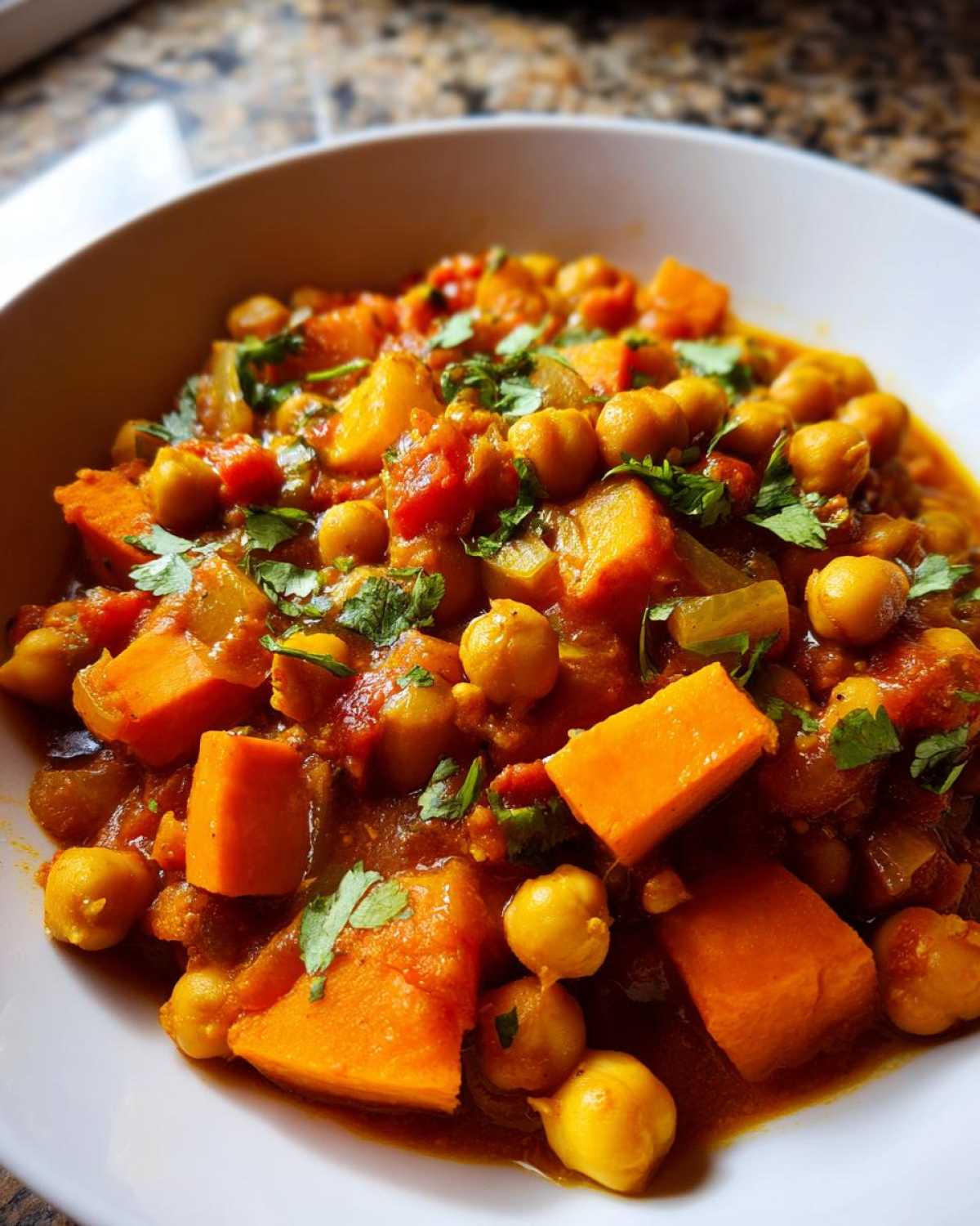 Close-up of a vibrant bowl of Instant Pot Moroccan Chickpea Stew with large chunks of sweet potato and chickpeas in a rich sauce, topped with fresh cilantro.