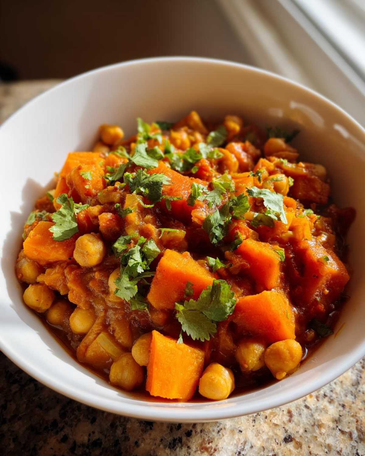 Close-up of vibrant Instant Pot Moroccan Chickpea Stew with large chunks of sweet potato and chickpeas, garnished with fresh cilantro.