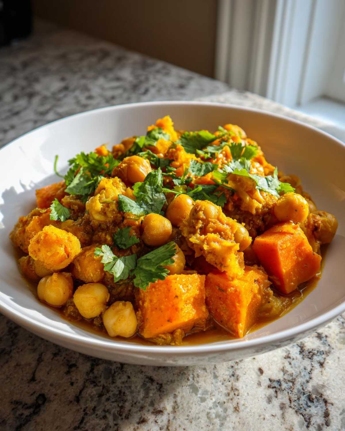 A white bowl filled with vibrant Instant Pot Moroccan Chickpea Stew featuring sweet potatoes and chickpeas, garnished with cilantro.