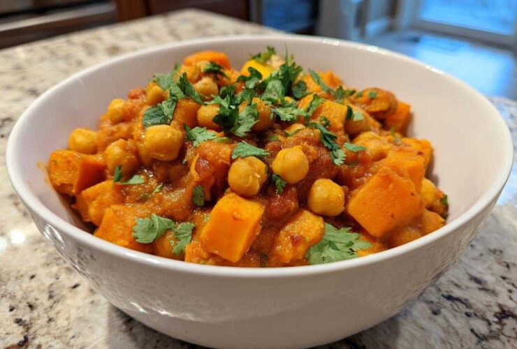 A white bowl filled with vibrant Instant Pot Moroccan Chickpea Stew with sweet potatoes and fresh cilantro.