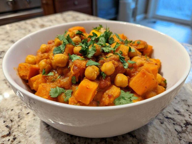 A white bowl filled with vibrant Instant Pot Moroccan Chickpea Stew with sweet potatoes and fresh cilantro.