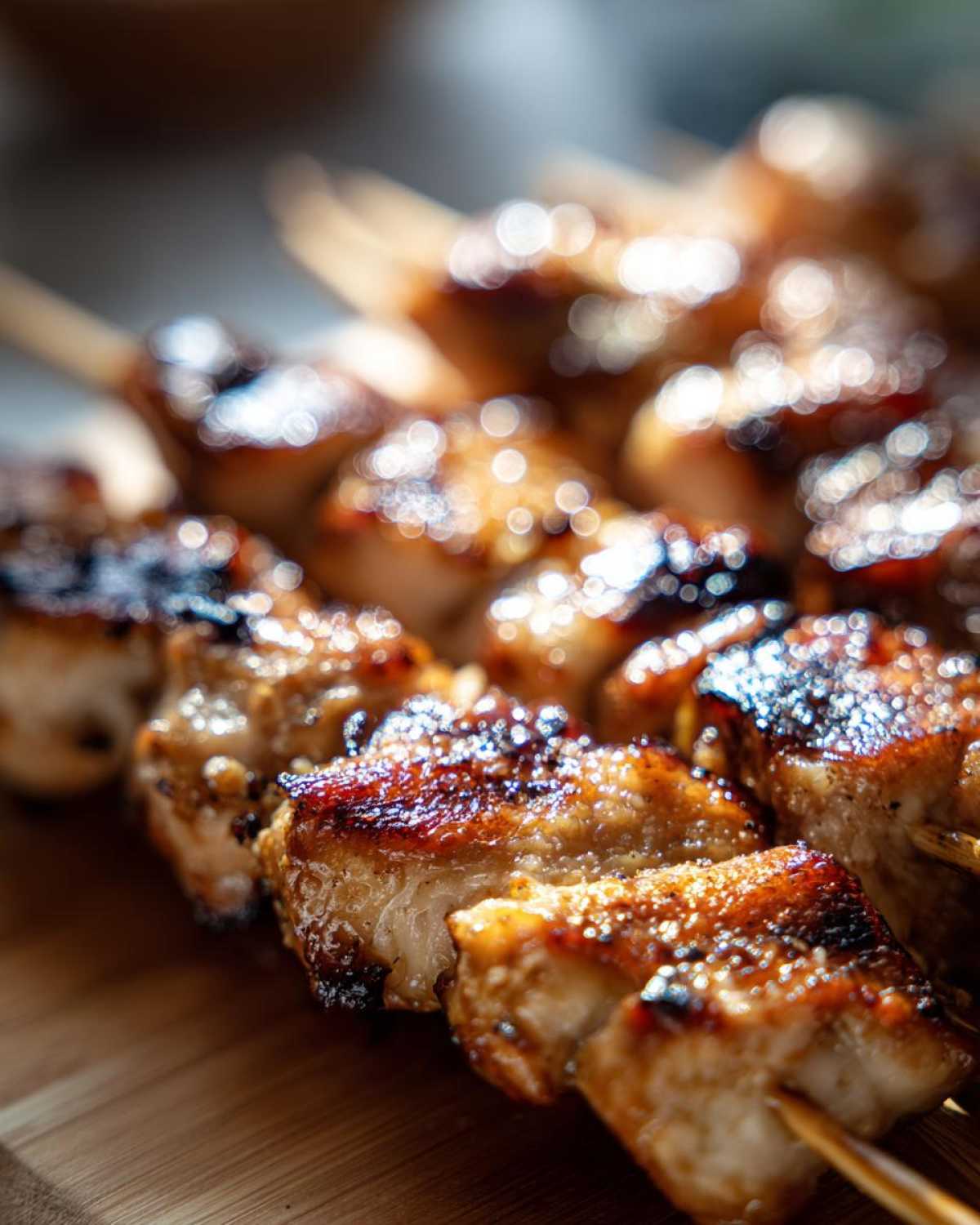 Close-up, shallow depth of field shot of perfectly grilled, glazed chicken skewers resting on a wooden board.