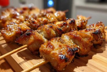 Close-up of several perfectly grilled, glazed chicken skewers resting on a bamboo cutting board.