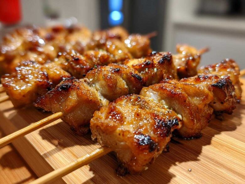Close-up of several perfectly grilled, glazed chicken skewers resting on a bamboo cutting board.
