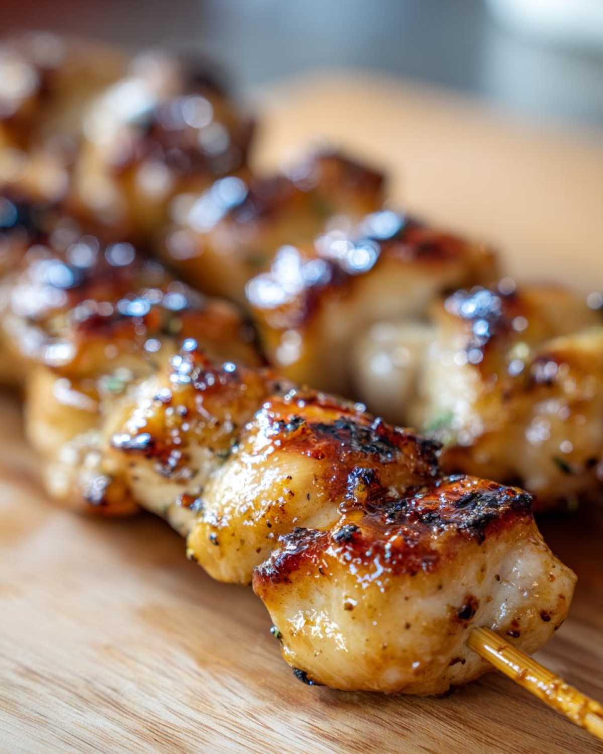 Close-up of perfectly grilled, juicy chicken skewers with a shiny glaze resting on a wooden board.