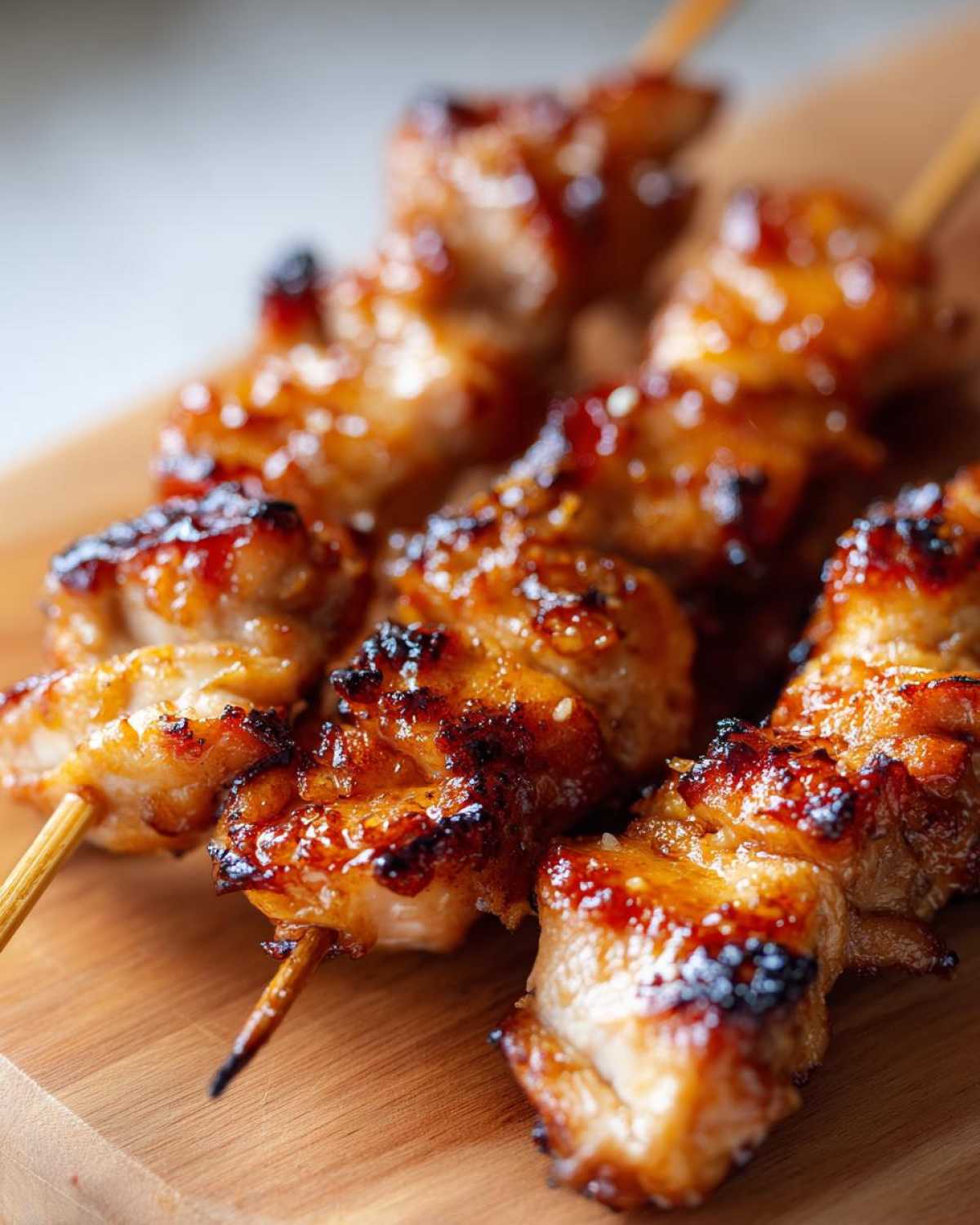 Close-up of perfectly grilled, glazed chicken skewers resting on a wooden cutting board.