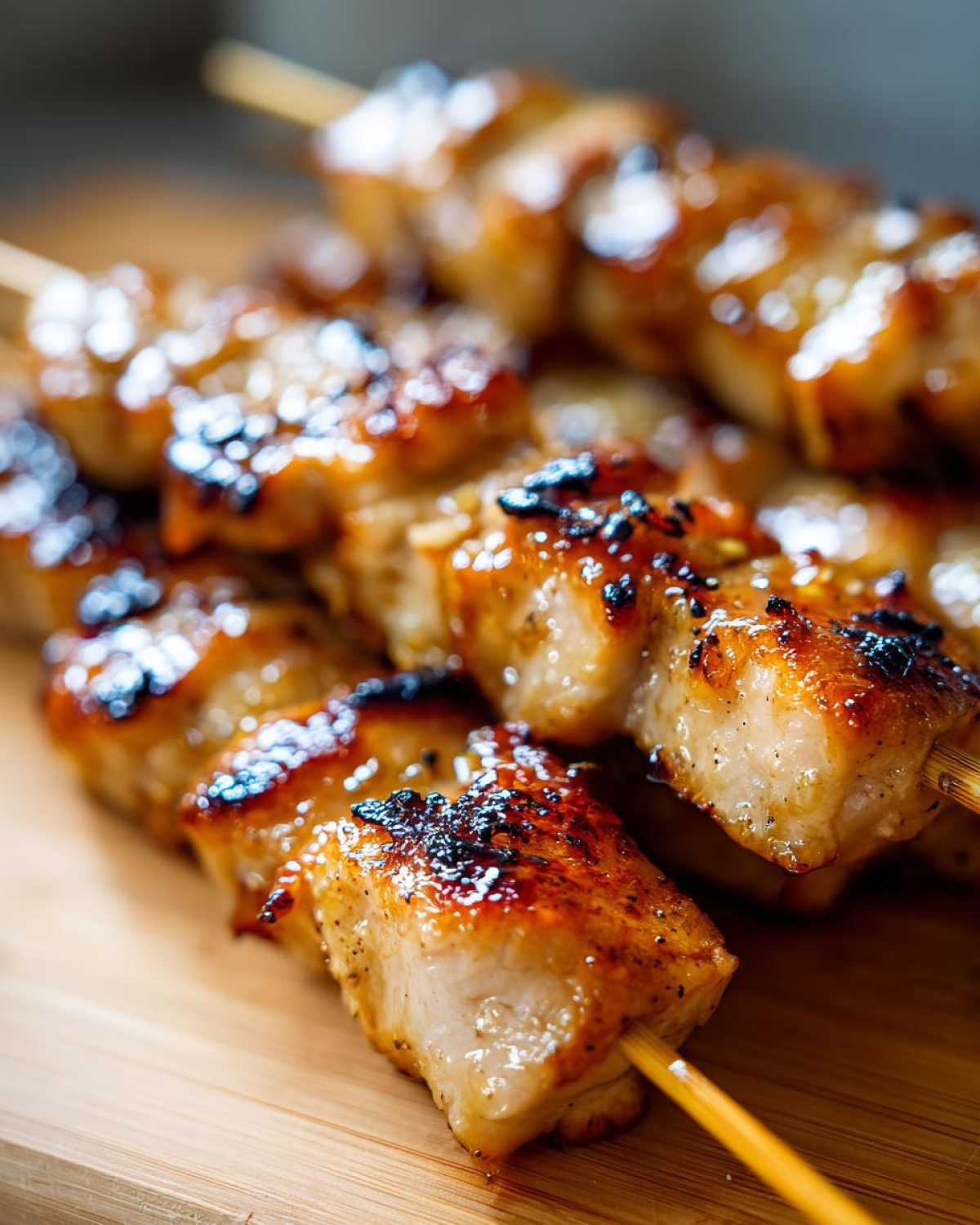 Close-up shot of several perfectly grilled, glazed chicken skewers resting on a wooden board.