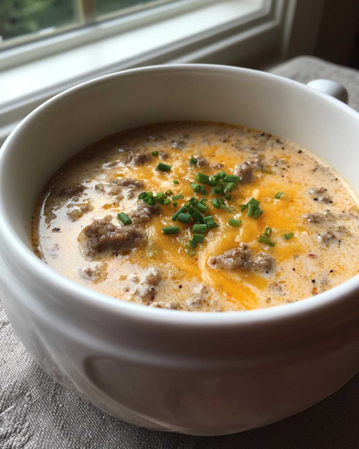 Close-up of a white bowl filled with creamy Keto Cheeseburger Soup, topped with melted cheddar and fresh chives.