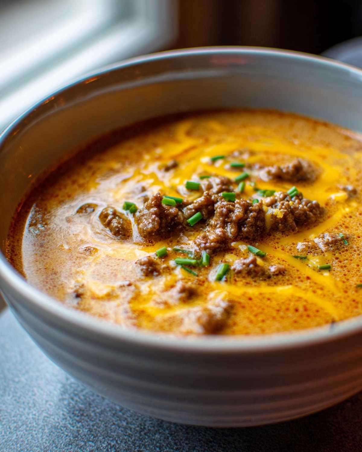 Close-up of a hearty bowl of Keto Cheeseburger Soup topped with ground beef and chives.