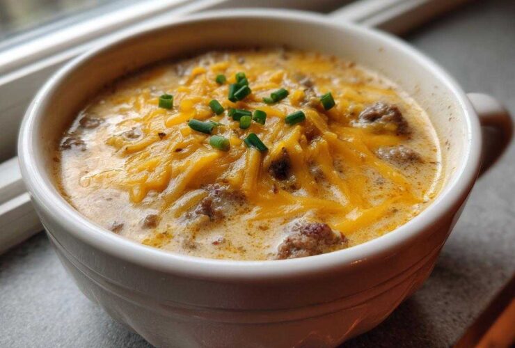 Close-up of a bowl of creamy Keto Cheeseburger Soup topped generously with melted cheddar cheese and fresh chives.