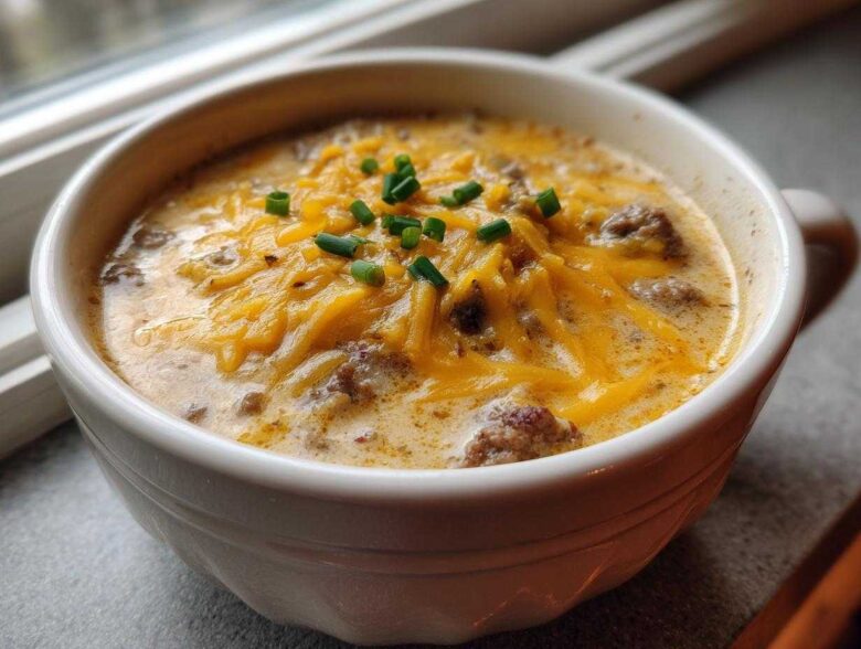 Close-up of a bowl of creamy Keto Cheeseburger Soup topped generously with melted cheddar cheese and fresh chives.