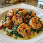 Close-up of Keto Creamy Tuscan Shrimp Skillet with spinach and sun-dried tomatoes in a white bowl.