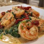 Close-up of Keto Creamy Tuscan Shrimp Skillet featuring plump shrimp, spinach, and sun-dried tomatoes in a rich sauce.