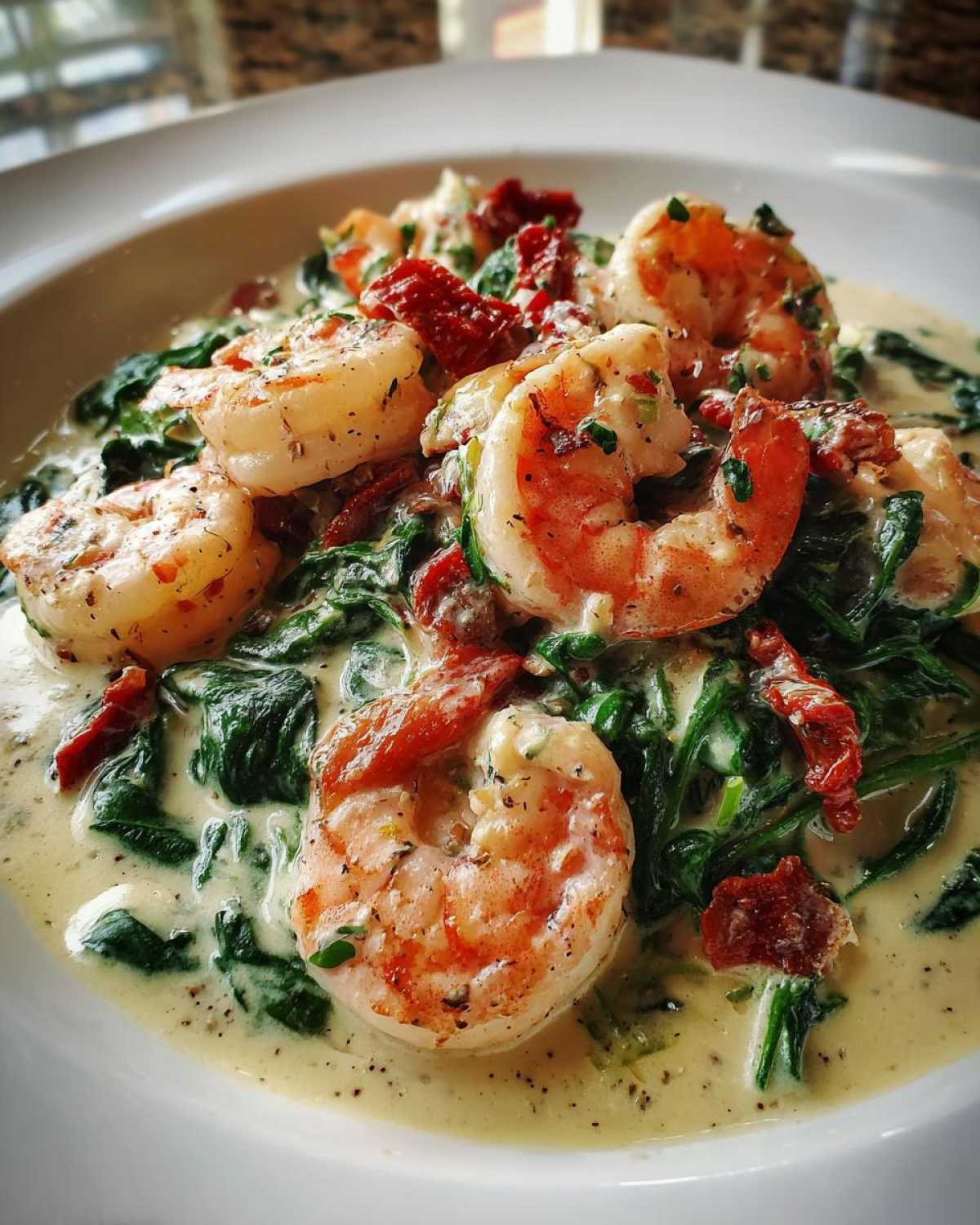 Close-up of Keto Creamy Tuscan Shrimp Skillet featuring plump shrimp, spinach, and sun-dried tomatoes in a rich cream sauce.