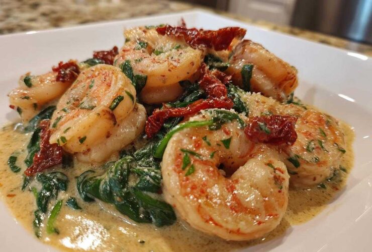 Close-up of Keto Creamy Tuscan Shrimp Skillet featuring plump shrimp, spinach, and sun-dried tomatoes in a rich sauce.
