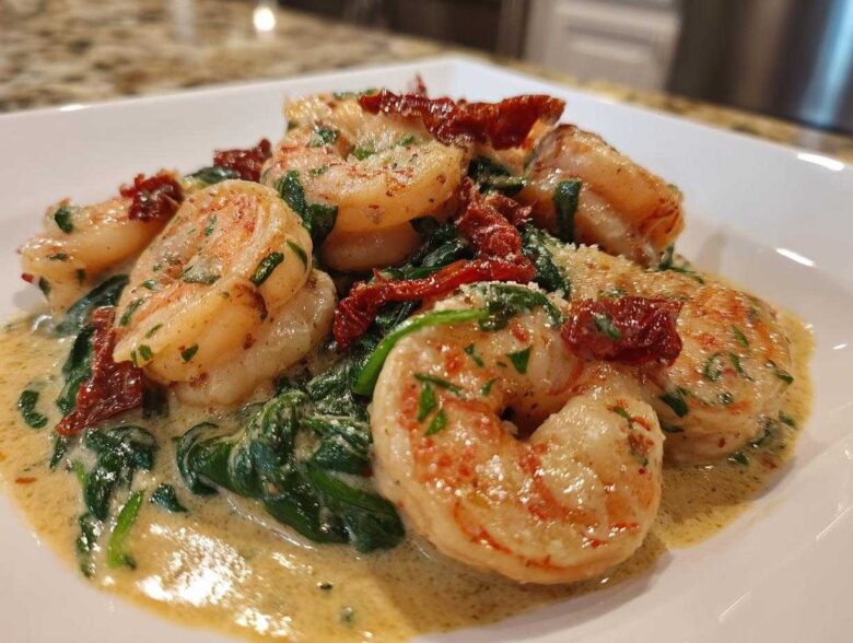 Close-up of Keto Creamy Tuscan Shrimp Skillet featuring plump shrimp, spinach, and sun-dried tomatoes in a rich sauce.