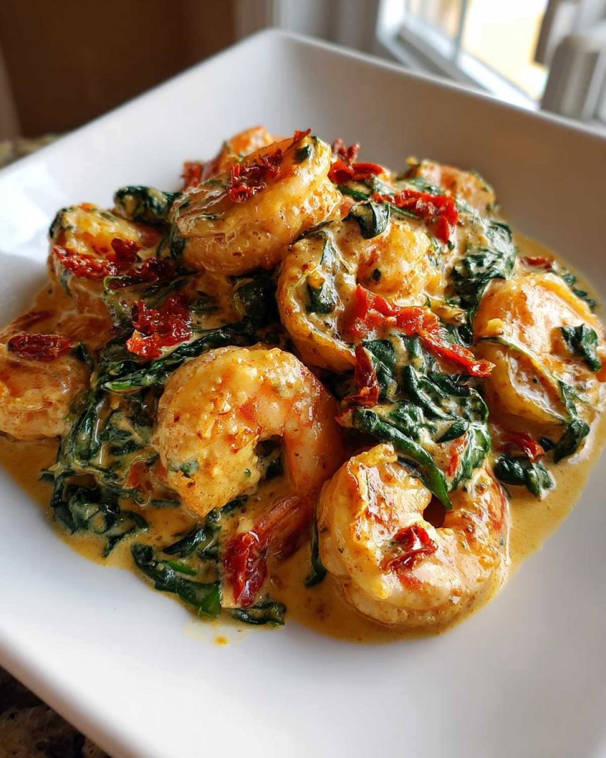 Close-up of Keto Creamy Tuscan Shrimp Skillet featuring large shrimp, spinach, and sun-dried tomatoes in a rich sauce.