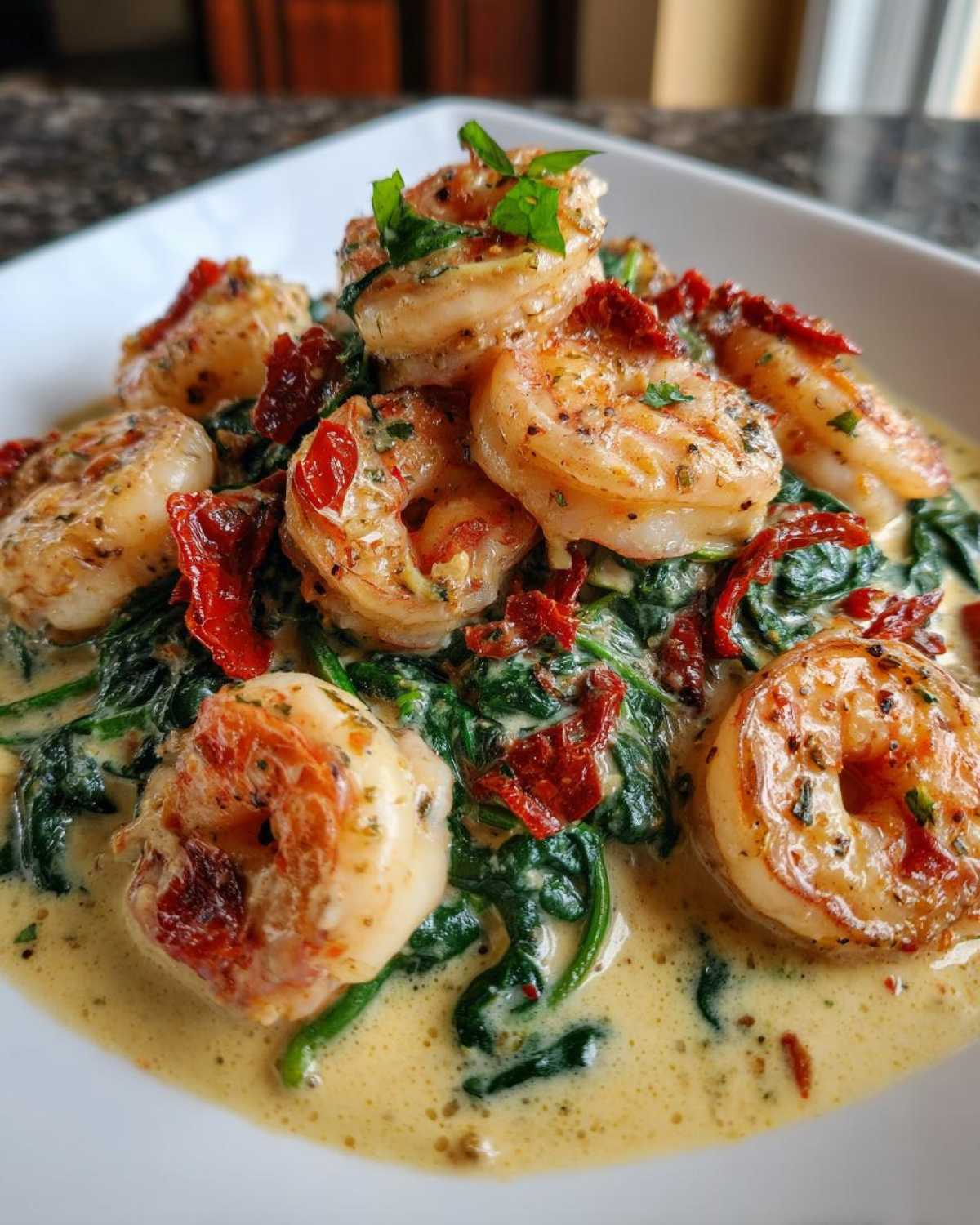 Plated serving of Keto Creamy Tuscan Shrimp Skillet featuring large shrimp over spinach and sun-dried tomatoes in a rich cream sauce.