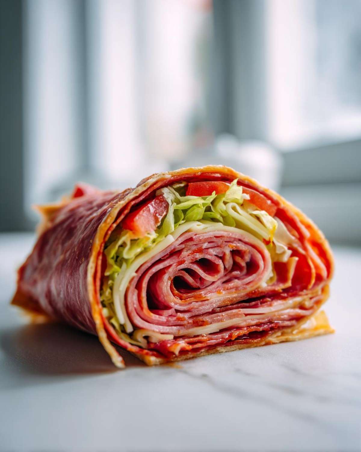Close-up of a cross-section showing layers of meat, cheese, lettuce, and tomato in a Keto Italian Sub Roll-Ups.