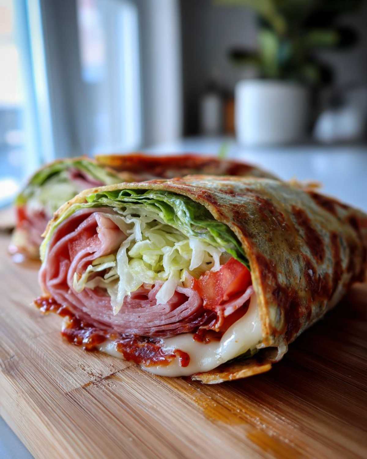 A cross-section of two Keto Italian Sub Roll-Ups filled with deli meats, cheese, tomatoes, and lettuce, resting on a wooden board.