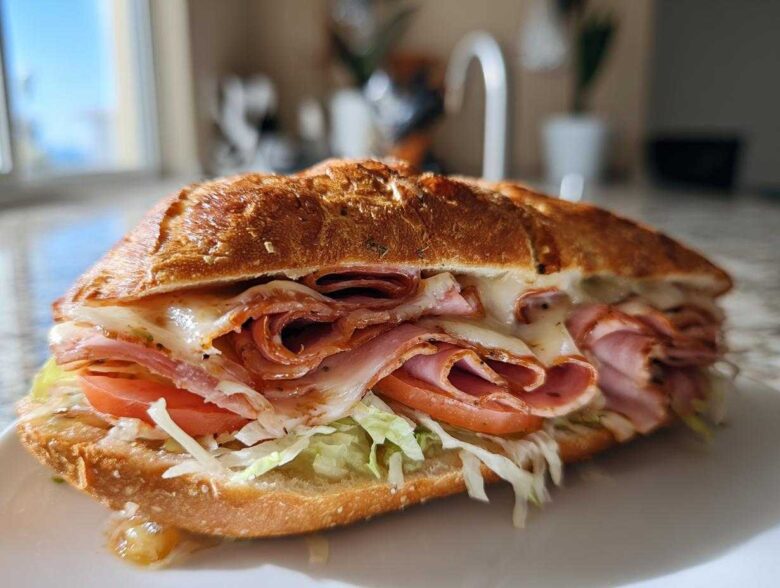 A delicious-looking Keto Italian Sub Roll-Ups sandwich filled with melted cheese, deli meats, lettuce, and tomato, served on a white plate.