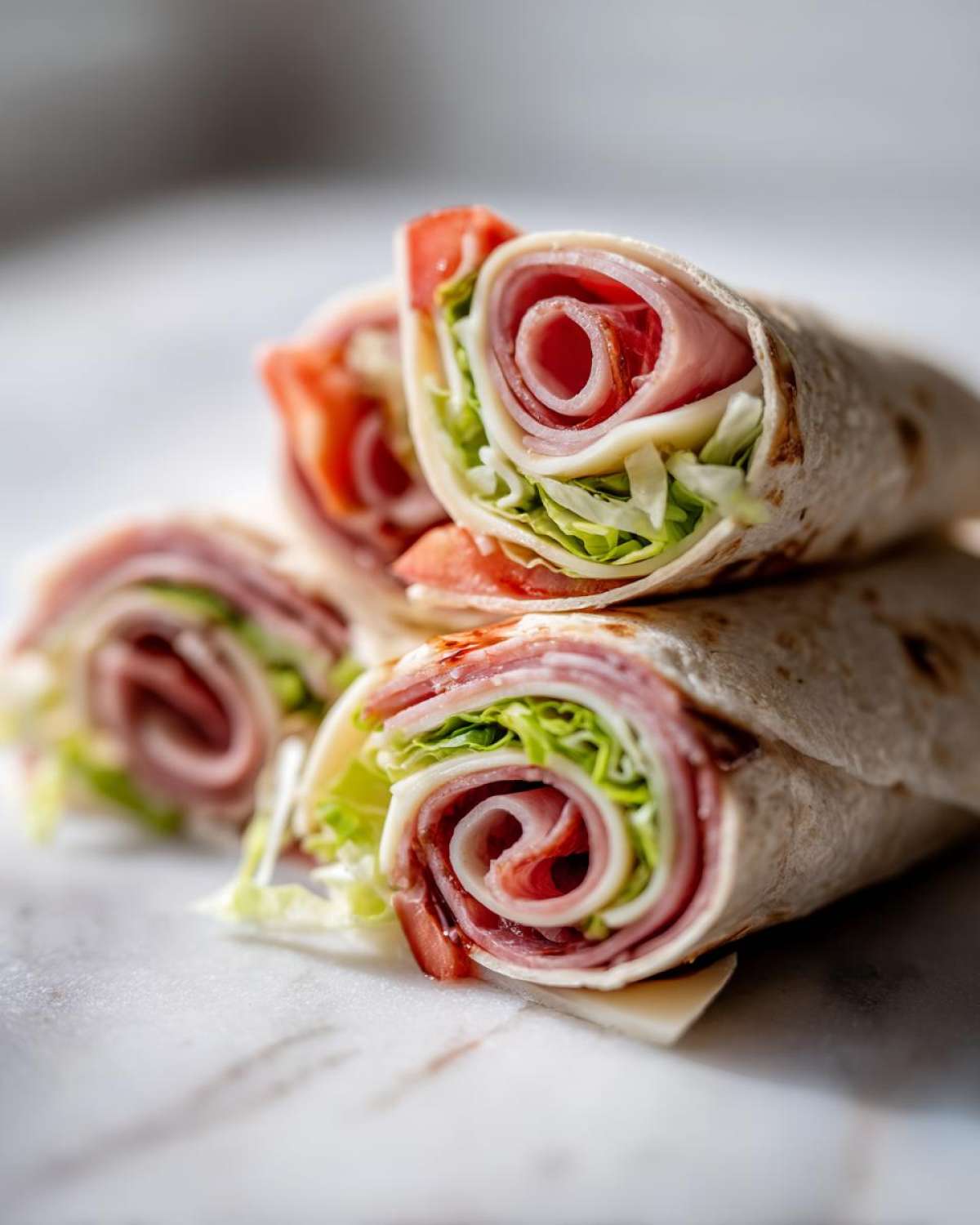 Close-up of three stacked Keto Italian Sub Roll-Ups showing layers of deli meat, cheese, lettuce, and tomato tightly rolled in a tortilla.