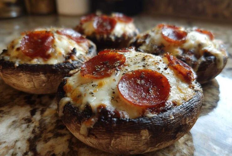 Four baked Keto Pizza Stuffed Portobello Mushrooms topped with melted cheese and pepperoni slices.