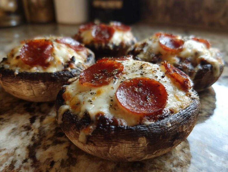 Four baked Keto Pizza Stuffed Portobello Mushrooms topped with melted cheese and pepperoni slices.