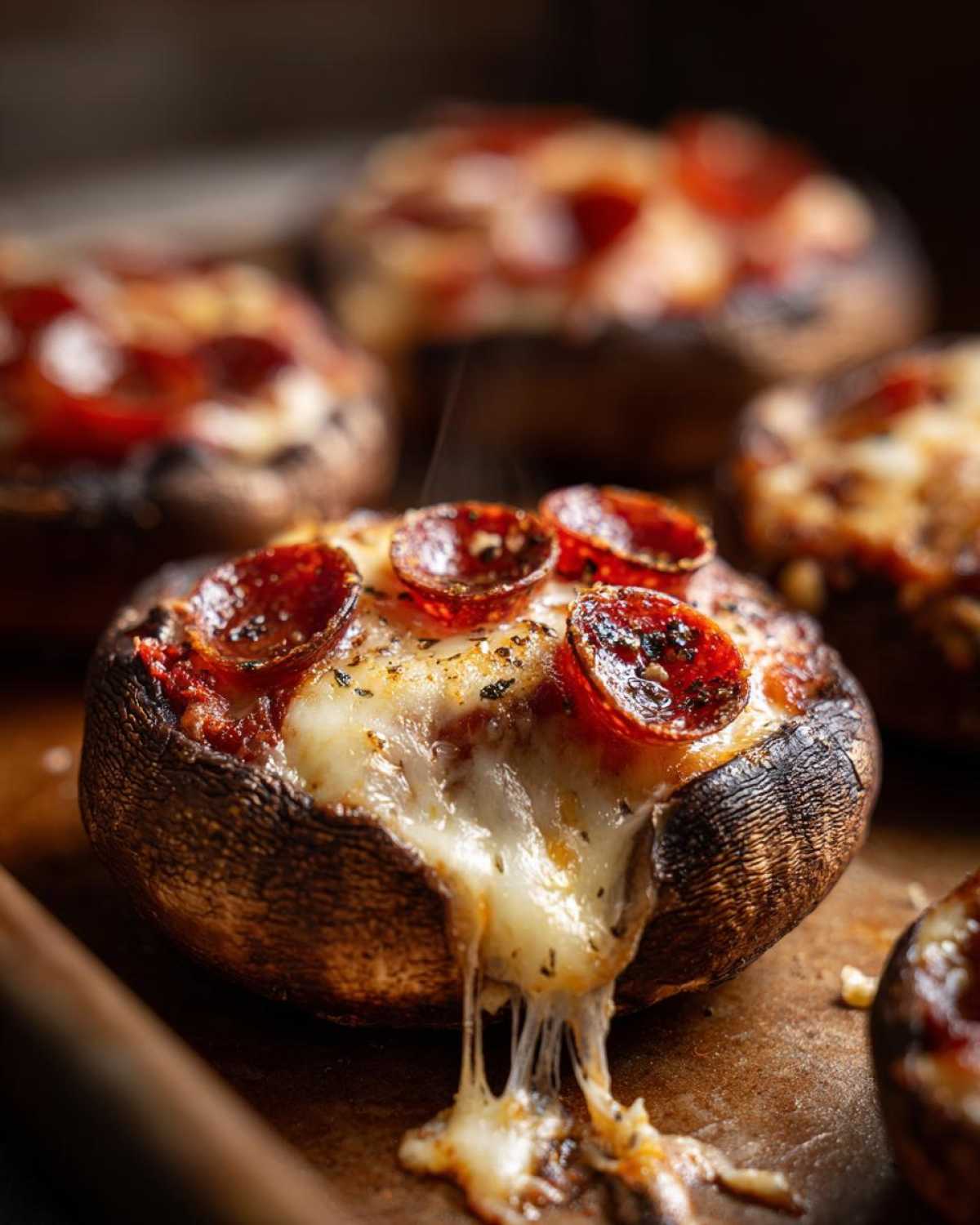 Close-up of a hot Keto Pizza Stuffed Portobello Mushroom with melted, stringy cheese and pepperoni.