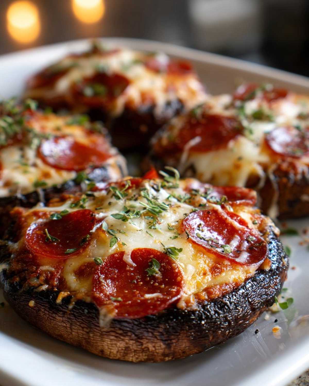 A close-up of baked Keto Pizza Stuffed Portobello Mushrooms topped with melted cheese, pepperoni slices, and fresh herbs.