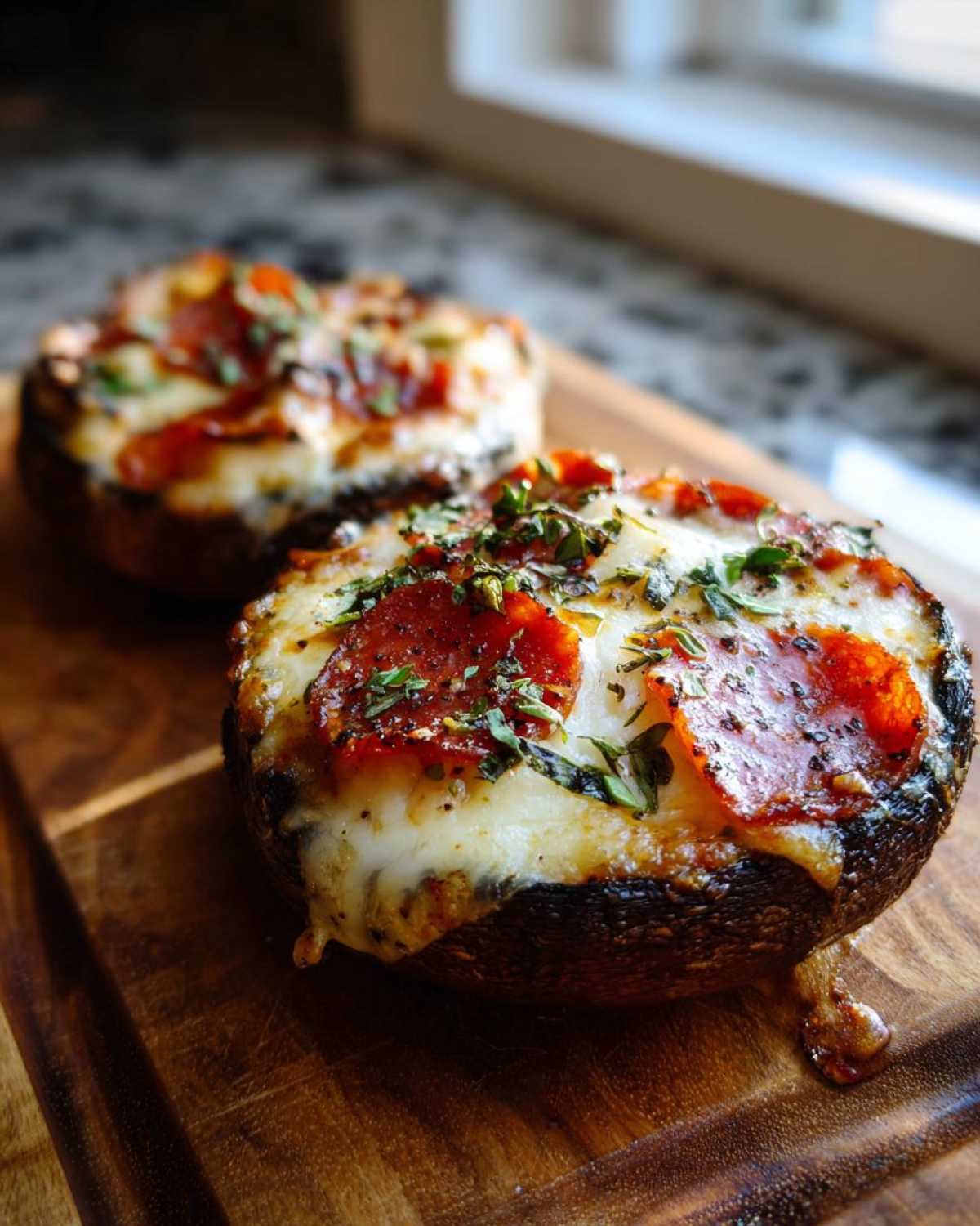 Two baked Keto Pizza Stuffed Portobello Mushrooms topped with melted cheese, pepperoni, and herbs on a wooden board.