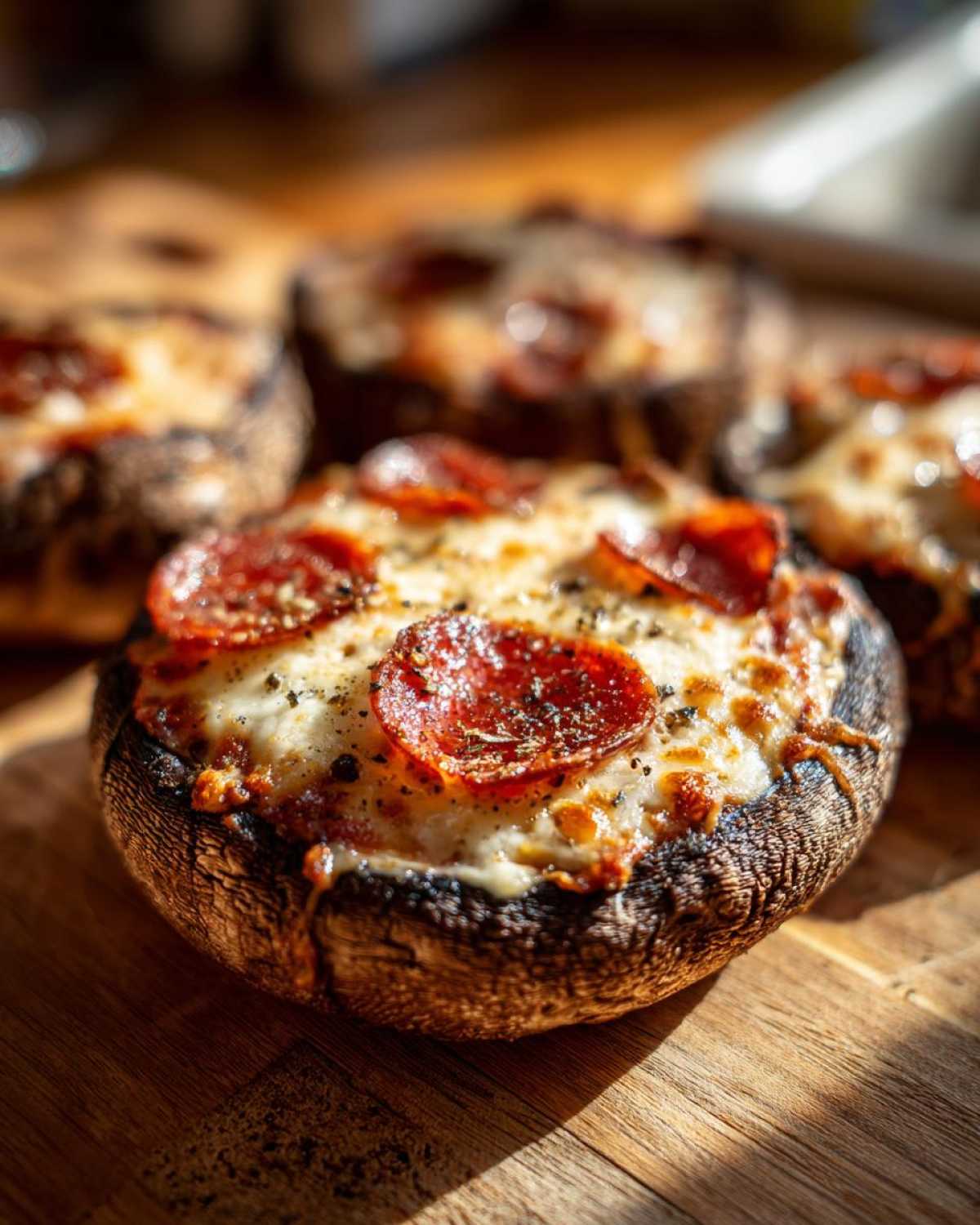 Close-up of a baked Keto Pizza Stuffed Portobello Mushroom topped with melted cheese and pepperoni slices.