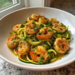 A white bowl filled with Keto Shrimp Scampi Zucchini Noodles, topped with large, seasoned shrimp and fresh parsley.