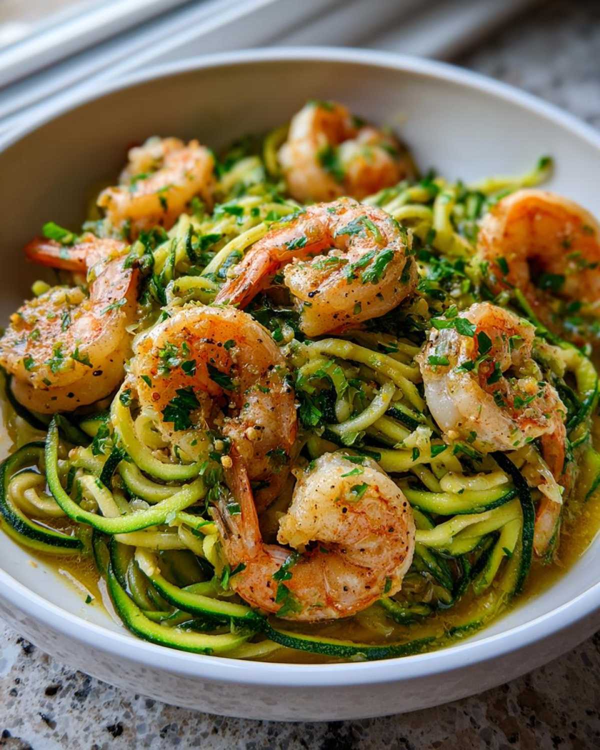 Close-up of Keto Shrimp Scampi Zucchini Noodles tossed in garlic butter sauce and topped with fresh parsley.