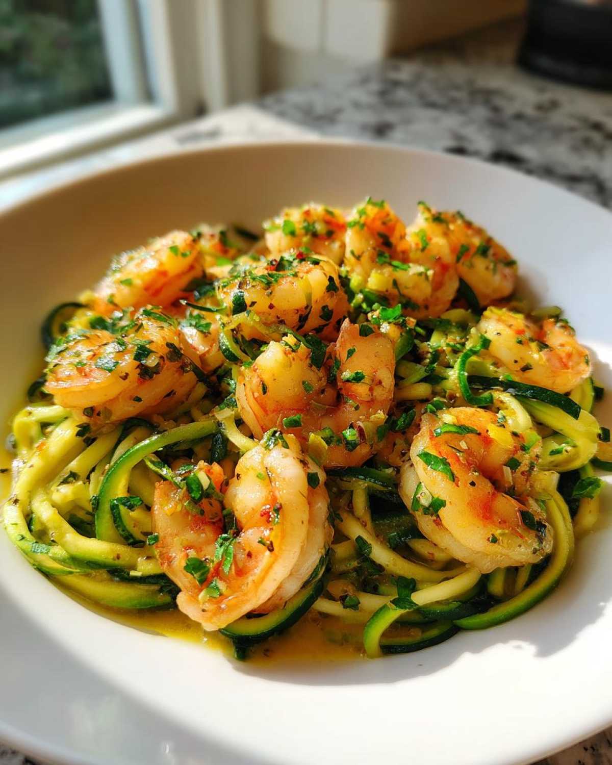 Close-up of Keto Shrimp Scampi Zucchini Noodles tossed in garlic butter and parsley in a white bowl.
