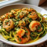 Close-up of Keto Shrimp Scampi Zucchini Noodles topped with fresh parsley in a white bowl.